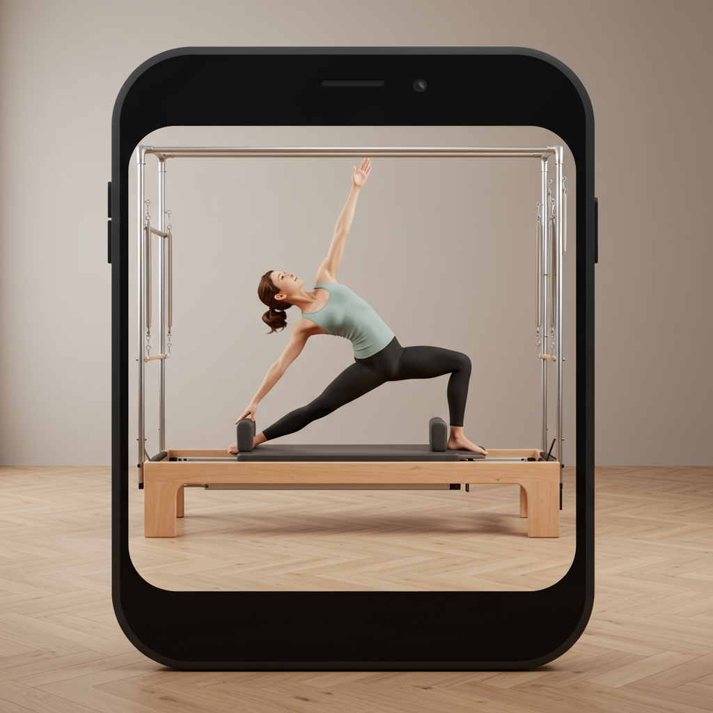 free ai generated pilates reformer, abstract women doing exercise on the reformer, one women icon 